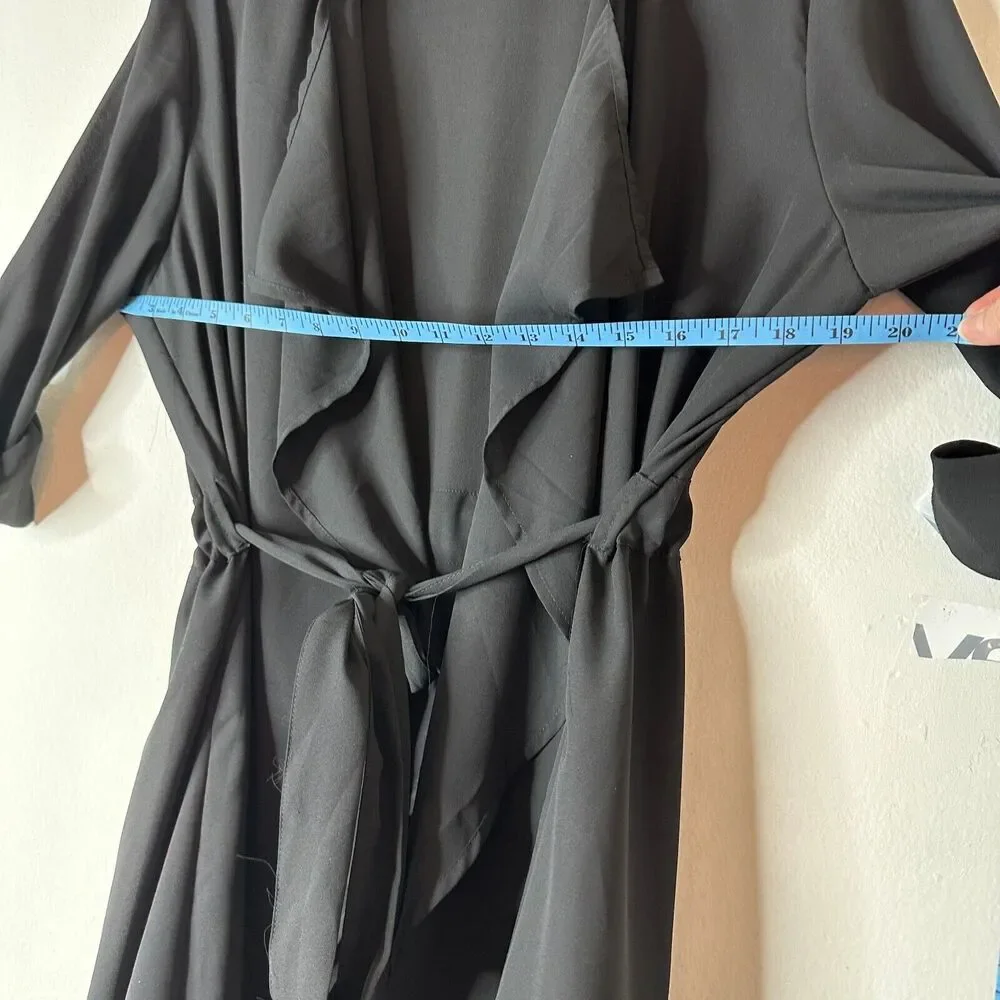 ReVamped Black Flowy Roll Tab Sleeve Tie Waist Waterfall Neck Wrap Dress Small - Picture 13 of 14